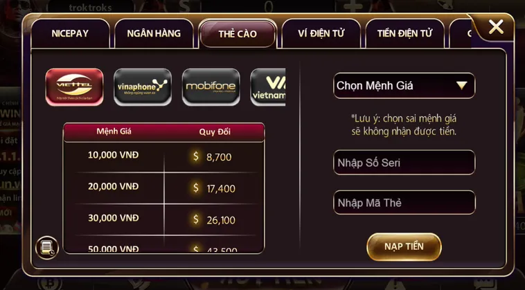 Nạp tiền thẻ cào phương thức an toàn bảo mật ưu tiên lựa chọn tại Sunwin.